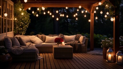A cozy outdoor patio with fairy lights and heart-shaped lanterns hanging from the pergola.