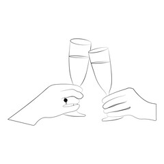 Illustration of happy new year. Clinking glasses, champagne, candles.