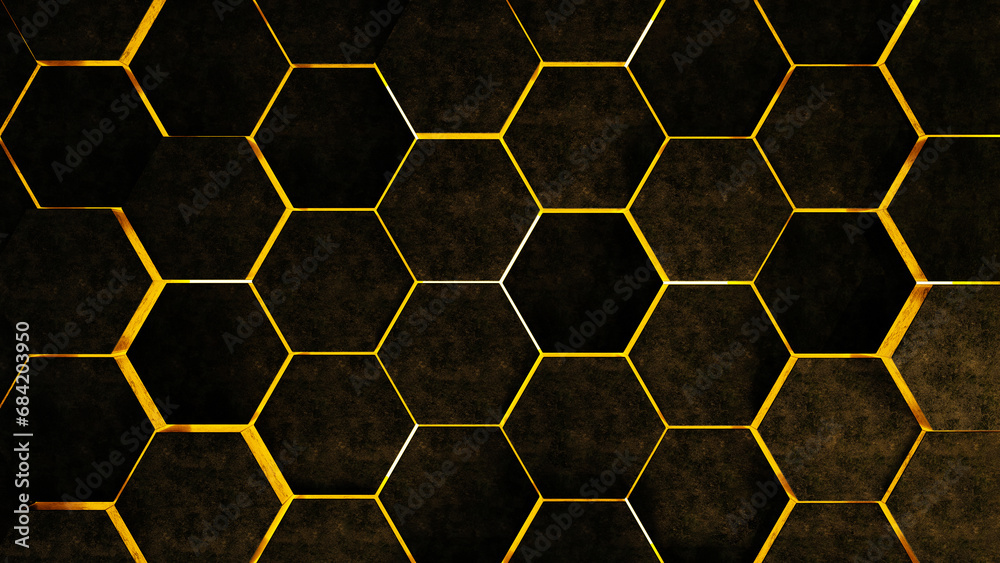 Poster Hexagons neon yellow glowing abstract pattern 3d surface empty space background, textured abstract background with neon glowing hexagons 3d forms and shapes, hi-tech neon space background and stage