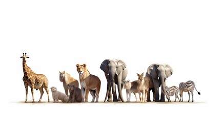 Giraffe, Elephant, Zebra, Blesbok antelopes and Kudu isolated on white