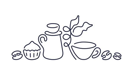 Coffee line label. Sketch of cup, muffin, raw bean