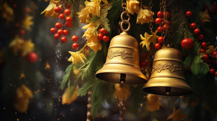 Golden Bells Hanging from Decorated Wreath