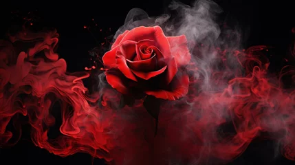 Fototapeten Red rose wrapped in smoke swirl on black background © tashechka
