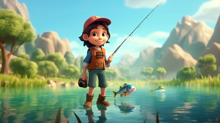 A little girl dressed as Masha from the cartoon Masha and the Bear is fishing on a bridge in the forest.