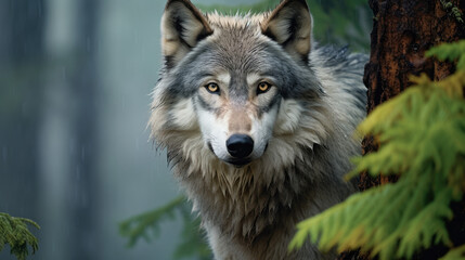 Obraz premium Sly Gray Wolf Pausing in Misty Forest