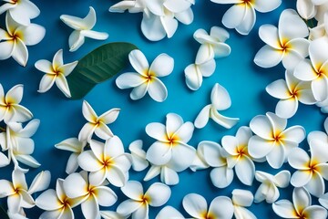 fresh frangipani plumeria flowers with blue surface