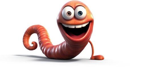 Worm creeps and smiles on a white background. Character - obrazy, fototapety, plakaty