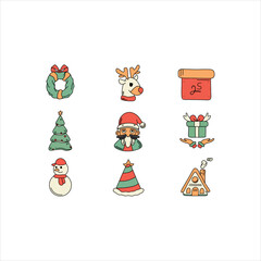 set of colourfull christmas icons, bundle of merry christmas flat style icons