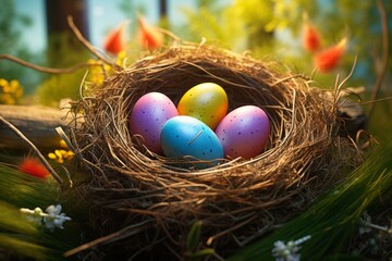 Fototapeta na wymiar Uncover the Joy of Easter: Vibrant Eggs & Adorable Birds Await in a Festive Nest! Generative AI