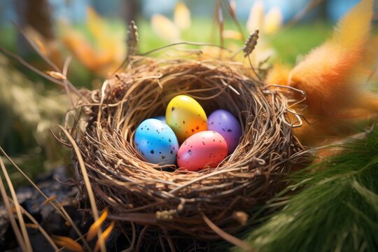 Vibrant Easter Eggs Tucked in Nest: A Quirky Bird Family Affair in High-Res Image Generative AI