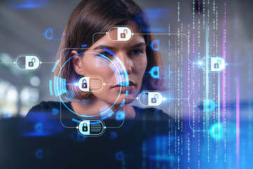 Pensive attractive beautiful businesswoman in formal wear working on laptop at office workplace in background. Concept of business education, blockchain cryptocurrency information technology.