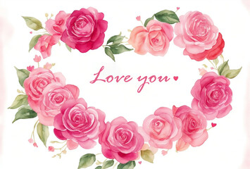 Fototapeta na wymiar Template with watercolor flowers and heart. Decor for Valentine's Day. AI 