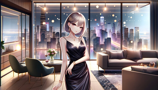 A digital painting of a beautiful anime woman dressed in a sleek, modern dress, in a luxurious penthouse with a city skyline view. Created by using generative AI tools