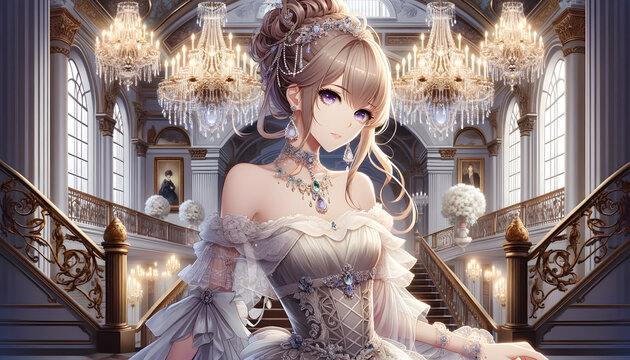 A digital painting of a beautiful anime woman, elegant and poised, in an ornate ballroom with crystal chandeliers. The scene includes luxurious gowns. Created by using generative AI tools