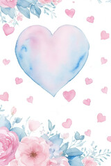 Template with watercolor flowers and heart. Decor for Valentine's Day. AI 