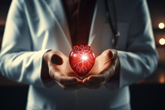 Close up of businessman holding digital glowing heart in palm