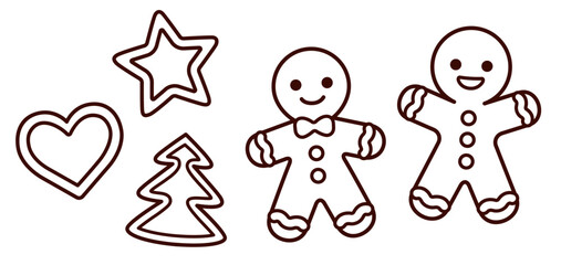 Christmas gingerbread cookies line drawing set