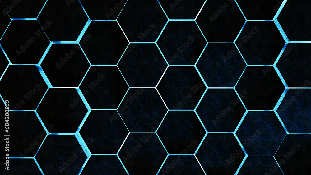 Leinwandbilder Hexagons neon blue glowing abstract pattern 3d surface empty space background, textured abstract background with neon glowing hexagons 3d forms and shapes, hi-tech neon space background and stage
