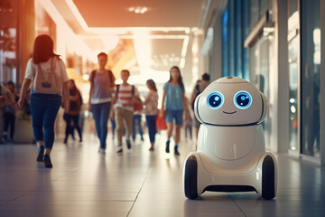 Little cute service android robot with wheels, smart technology retail business concept, at a crowded shopping mall center. Generative AI.