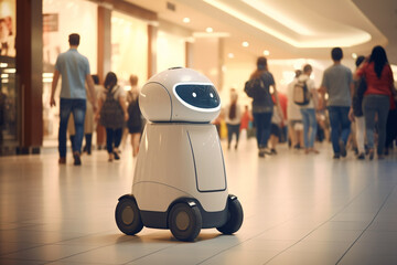 Little cute service android robot with wheels, smart technology retail business concept, at a crowded shopping mall center. Generative AI.