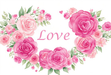 Template with watercolor flowers and heart. Decor for Valentine's Day. AI 