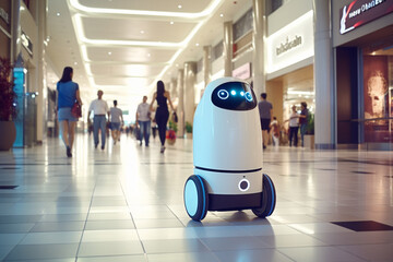 Little cute service android robot with wheels, smart technology retail business concept, at a crowded shopping mall center. Generative AI.