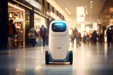 Little cute service android robot with wheels, smart technology retail business concept, at a crowded shopping mall center. Generative AI. - obrazy, fototapety, plakaty