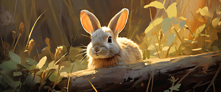 Bunny rabbit in the bright morning light surrounded by beautiful nature scene banner