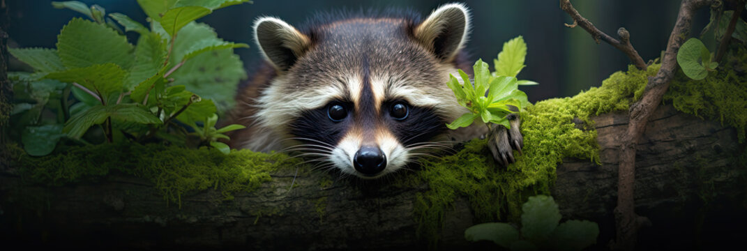 Racoon sticking his head over a log surrounded by lush green nature banner