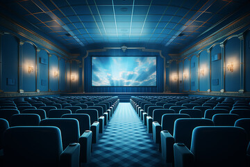 Cinema theater screen in front of seat rows in movie theater showing white screen projected from cinematograph. The cinema theater is decorated in classical style for luxury feeling. Generative Ai - obrazy, fototapety, plakaty