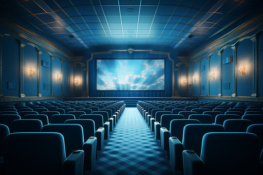 Cinema theater screen in front of seat rows in movie theater showing white screen projected from cinematograph. The cinema theater is decorated in classical style for luxury feeling. Generative Ai