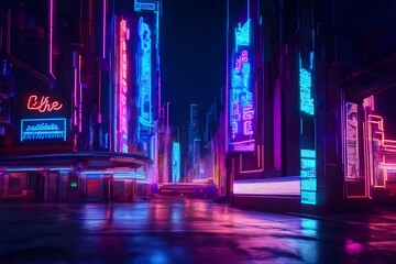 Neon signs and virtual graffiti overlapping in a cyberpunk-inspired digital cityscape.