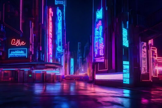 Fototapeta Neon signs and virtual graffiti overlapping in a cyberpunk-inspired digital cityscape.