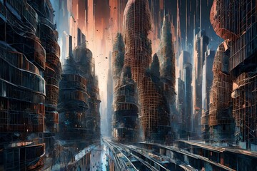 Cosmic rays blending with virtual architecture, creating an abstract and otherworldly cityscape.