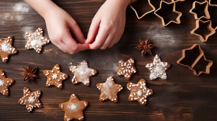 Obraz na płótnie Canvas hands, top view on cozy wooden background, making gingerbread biscuits with cookie cutters, with New Year Christmas decoration, 16:9
