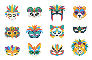 Children carnival mask. Abstract festival masks, animals faces and decorative accessories. Birthday or party elements, decent vector collection - obrazy, fototapety, plakaty