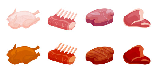 Fried bbq meat. Party food, seasonal raw and cooked meats slices. Steakhouse menu ingredients, cartoon isolated fresh foods neoteric vector set