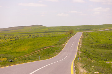 Departing road in green fields.
