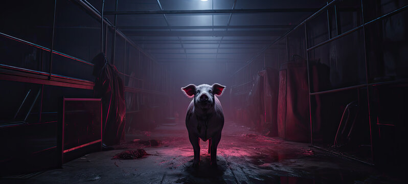Scary looking hog standing in a purple lit horror room with a spotlight on the pig