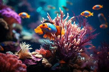 Fototapeta na wymiar Tropical sea underwater fishes on coral reef. Aquarium oceanarium wildlife colorful marine panorama landscape nature snorkeling diving Generative Ai