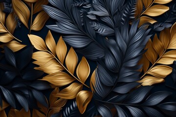Exquisite 3D Background: Lush Black Leaves Adorned with Golden Accents Generative AI
