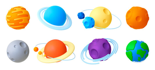 Planet 3d elements. Space abstract planets realistic plastic design. Moon and saturn, mars and earth. Isolated universe pithy vector collection © MicroOne