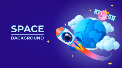 Cartoon 3d space banner. Universe plastic elements, earth planet, satellite and flying spaceship. Cosmic adventures, pithy vector background