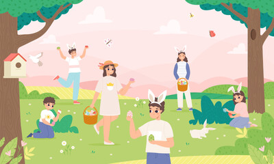 Obraz na płótnie Canvas People easter egg hunt in garden. Cute children and teens play in spring holiday game. Finding surprises and gifts, springtime festival snugly vector scene