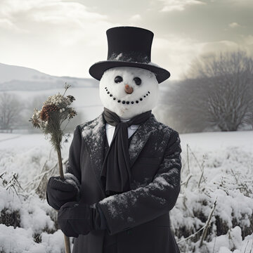 Adorable Human looking snowman in a suit in a snowy field