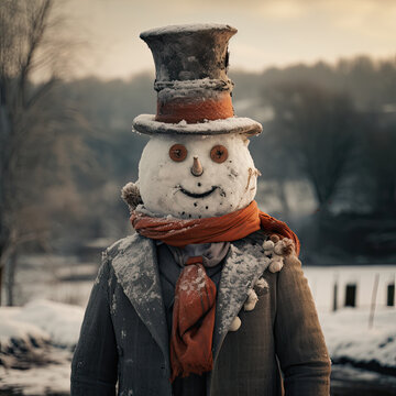 Adorable Human looking snowman in a suit in a snowy field