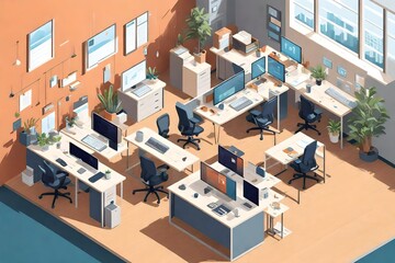 Detailed isometric illustration of a smart office environment. - obrazy, fototapety, plakaty