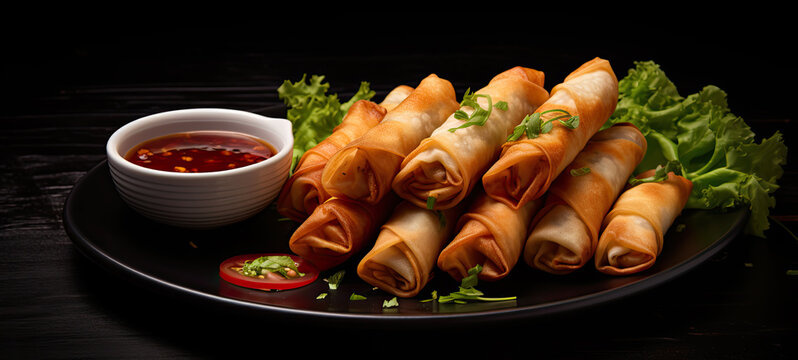 Spring rolls in a stack on a plate dark background