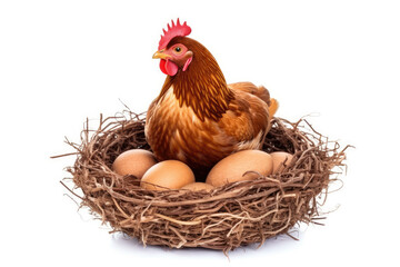 Young brown hen with eggs isolated on a white background.