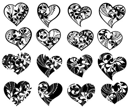set with hand drawn black openwork heart , vector illustration.